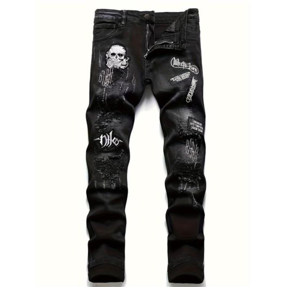 NWT Men's Black Punk Rock Distressed Skull Patch Jeans